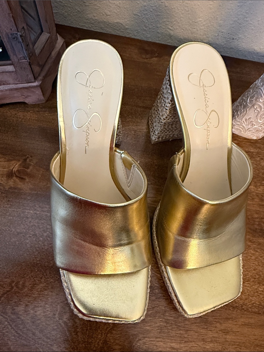 Jessica Simpson Metallic Gold Square-Toe Slide Mules
